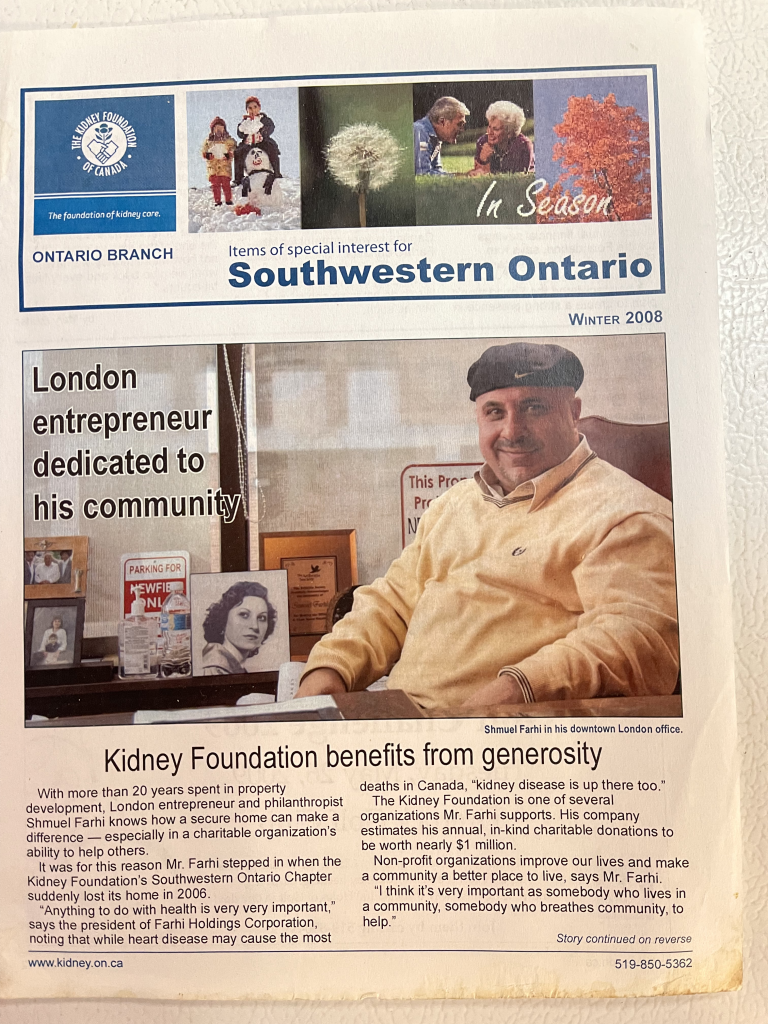 Newsclipping of Shmuel farhi titled "Kidney Foundation benefits from generosity"